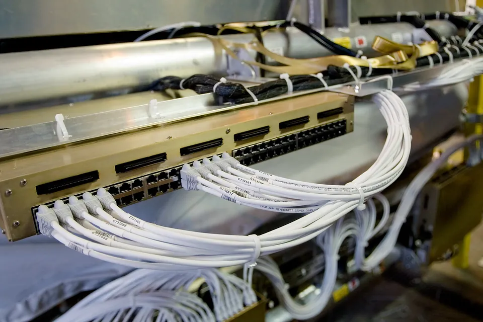 Bundles of white network cables plugged into a rack-mounted patch panel