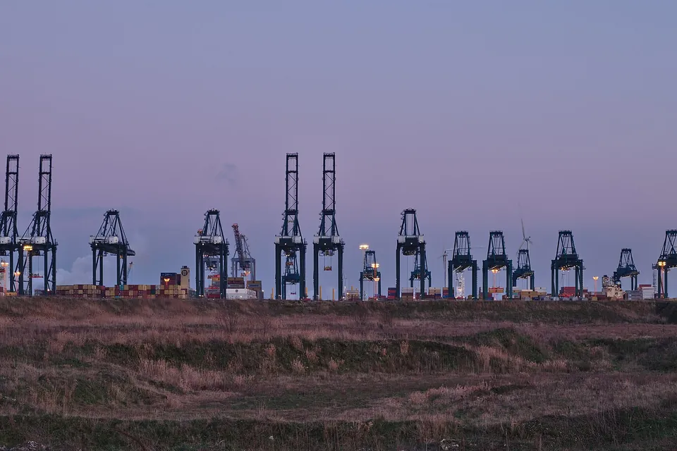 Silhouettes of a long row of ship-to-shore container cranes against a violet twilight sky