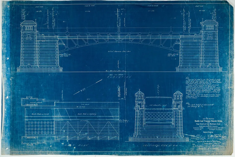 A cyan blueprint showing the elevation and plan of a bascule bridge with towers